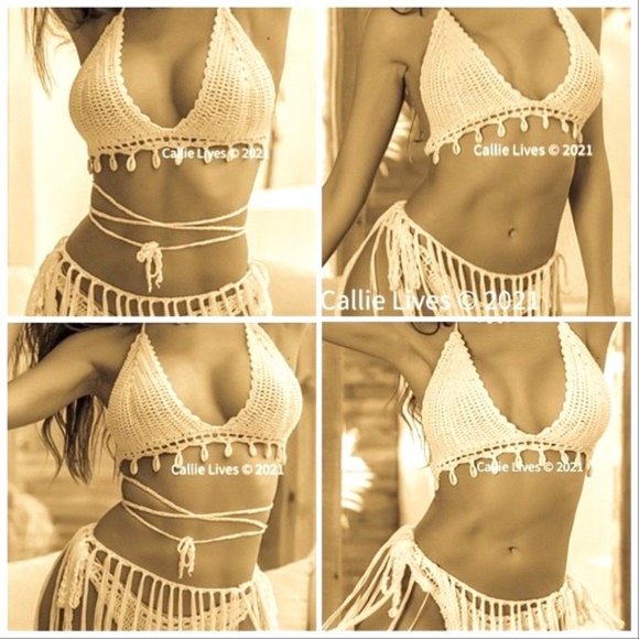 Callie Lives Other - Crochet: Khaki Tan Bohemian Shells Bikini